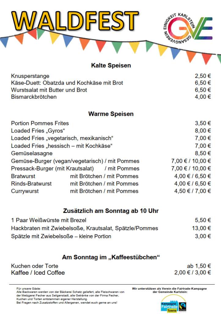 Speisekarte Waldfest 2026